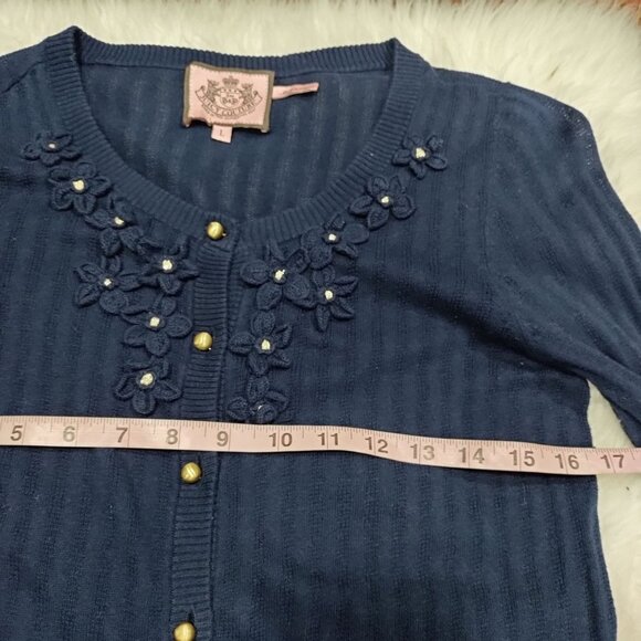 Juicy Couture Navy Blue Floral Embroidery Silk Cashmere Knit Cardigan Size Large - Picture 13 of 15